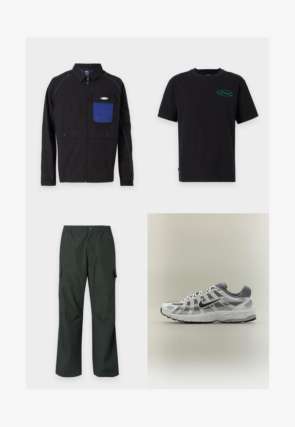 Chaqueta negra con un bolsillo de malla azul en el pecho, costuras azules en contraste y botones a presión. Diseñada con un cierre frontal de cremallera y mangas largas.; Camiseta de algodón negra con mangas cortas, de cuello redondo clásico, que presenta un logo ovalado verde en el área del pecho izquierdo. Diseño simple.; Pantalones cargo verde oscuro con un corte relajado, cintura elástica, bolsillos cosidos y una textura de tela suave y ligera.; Zapatilla Nike P-6000 blanca y gris con swoosh negro, paneles de malla y suela texturizada, mostrada de perfil sobre un fondo neutro.