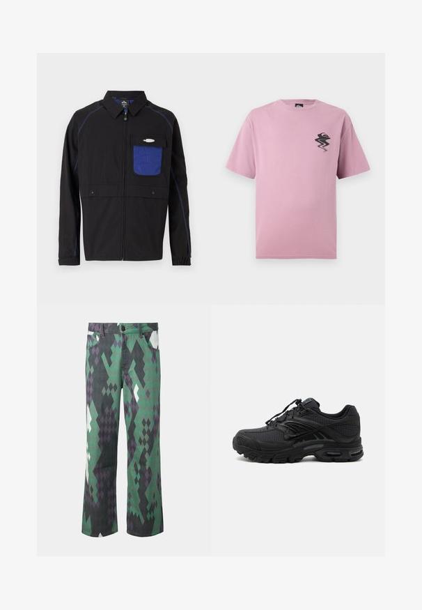 Veste noire avec une poche poitrine en mesh bleu, des coutures bleues contrastantes et des boutons-pression. Conçue avec une fermeture éclair sur le devant et des manches longues.; T-shirt léger violet à manches courtes avec un petit logo noir et orange déformé sur la poitrine gauche.; Pantalon droit avec un motif géométrique en forme de losange vert, noir, violet et blanc, avec poches avant et fermeture par boutons.; Baskets de sport noires avec tissu texturé, semelle épaisse et rembourrée, aérations et fermeture à lacets, vues de profil sur fond clair.
