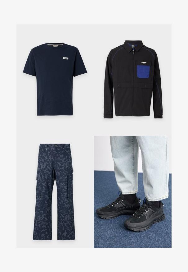 Veste noire avec une poche poitrine en mesh bleu, des coutures bleues contrastantes et des boutons-pression. Conçue avec une fermeture éclair sur le devant et des manches longues.; T-shirt en coton bleu marine avec un col rond, des manches courtes et un logo blanc "POMPEII" sur la poitrine gauche. Texture lisse, coupe décontractée.; Sean John SCRIPT LOGO CAMOUFLAGE - Pantalon cargo - blue; Des chaussures de sport noires avec un tissu texturé et des semelles en caoutchouc, dotées de lacets élastiques et d'un accent bleu au talon. Portées avec un pantalon en denim clair.