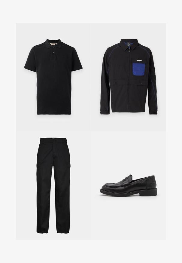 Zwarte jas met een blauwe mesh borstzak, contrasterende blauwe stiksels en drukknoopsluitingen. Ontworpen met een rits aan de voorkant en lange mouwen.; Zwarte polo shirt van textuur katoen. Heeft een twee-knopen sluiting, korte mouwen en een subtiele geborduurde logo op de borst.; Zwarte cargobroek met een rechte pasvorm, voorzien van zijzakken, een knoopsluiting en elastische boorden bij de enkels. Gemaakt van duurzaam materiaal.; Zwarte leren loafers met een ronde neus, ton-sur-ton stiksels en een banddetail aan de voorkant. Rubberen zool met een lage hak.
