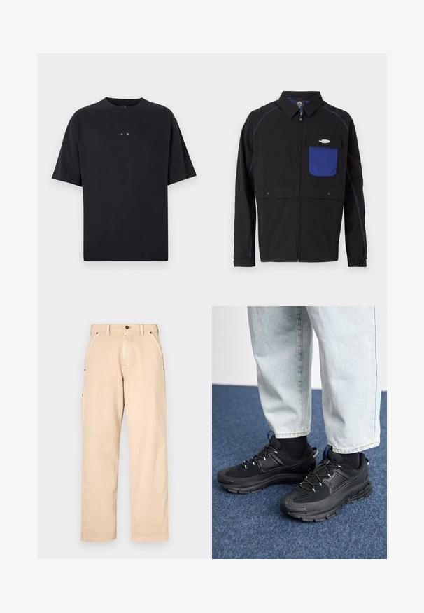 Schwarze Jacke mit einer blauen Netzbrusttasche, kontrastierenden blauen Nähten und Druckknöpfen. Entworfen mit einem Frontreißverschluss und langen Ärmeln.; Oakley RISE TEE - T-Shirt basic - blackout; Beige Baumwollhose mit geradem Bein, ausgestattet mit Seitentaschen, Gürtelschlaufen und vorderem Knopfverschluss. Glatte Textur, minimalistisches Design.; Schwarze Sportschuhe aus strukturiertem Stoff mit Gummisohlen, ausgestattet mit elastischen Schnürsenkeln und einem blauen Akzent an der Ferse. Getragen mit hellen Jeans.