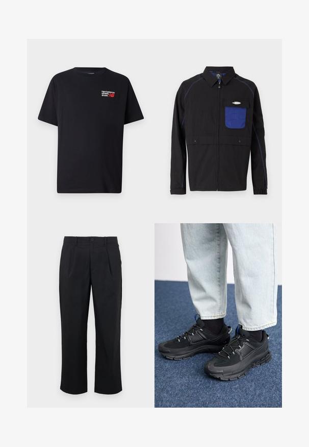 Zwarte jas met een blauwe mesh borstzak, contrasterende blauwe stiksels en drukknoopsluitingen. Ontworpen met een rits aan de voorkant en lange mouwen.; Zwarte katoenen t-shirt met een ronde halslijn. Heeft een klein rood en wit 'New Balance' logo en tekst op de bovenste linkerkant van de borst.; Zwarte broek met een rechte pasvorm, voorzien van plooien aan de voorkant, een knoopsluiting en een gladde stofstructuur.; Zwarte sportschoenen met gestructureerde stof en rubberen zolen, met elastische veters en een blauwe accent op de hiel. Draag samen met lichte spijkerbroeken.