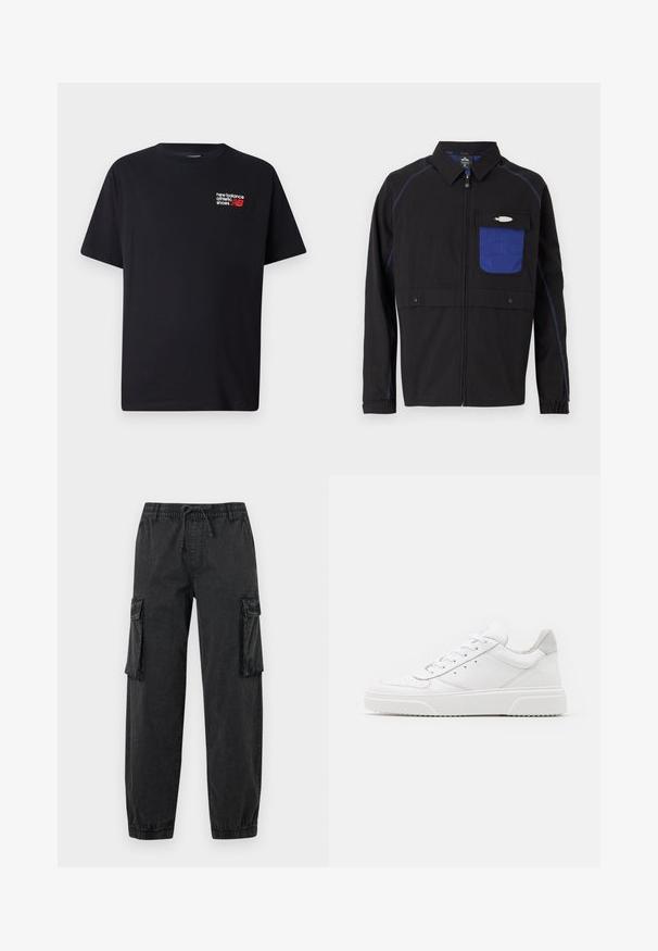 Sort jakke med en blå netlomme på brystet, kontrastfarvet blå syning og trykknapper. Designet med en frontlynlås og lange ærmer.; Sort bomulds T-shirt med rund halsudskæring. Har et lille rødt og hvidt "New Balance" logo og tekst på den øverste venstre brystområde.; Sorte cargobukser lavet af struktureret stof med elastisk talje og snøre. Har sidelommer og elastiske manchetter ved anklerne.; Hvide lædersneakers med en glat finish, rund tå, flade snørebånd og en struktureret sål. Grå ruskindsdetalje ved hælen.