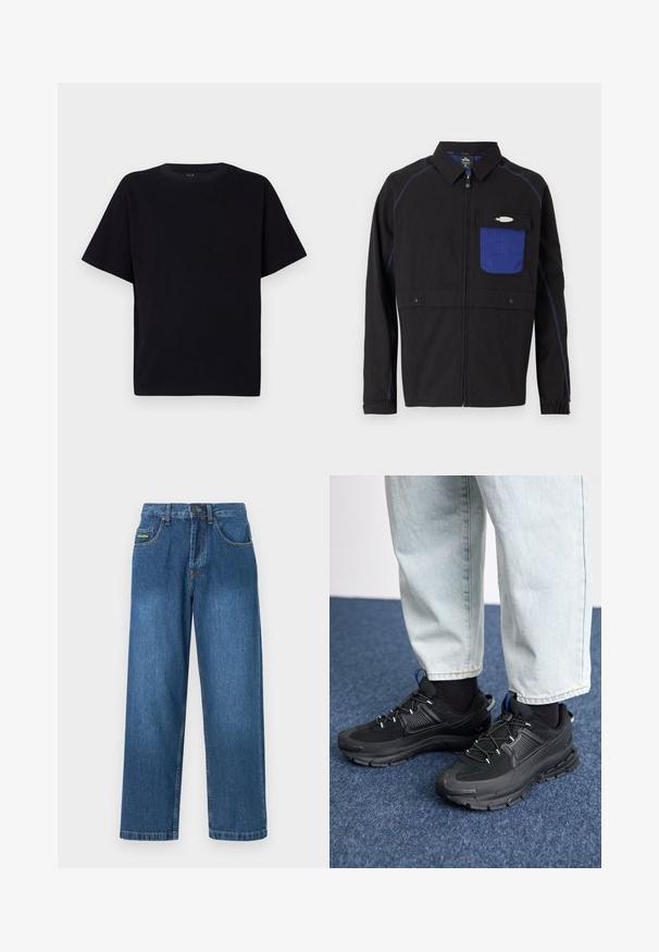 Schwarze Jacke mit einer blauen Netzbrusttasche, kontrastierenden blauen Nähten und Druckknöpfen. Entworfen mit einem Frontreißverschluss und langen Ärmeln.; Schwarzes kurzärmliges T-Shirt mit Rundhalsausschnitt. Hergestellt aus weichem Stoff, mit lässiger Passform und ohne sichtbare Muster oder Akzente.; Denim-Jeans in einem mittleren Blauton mit geradem Bein, fünf Taschen und gelben Nähtelementen.; Schwarze Sportschuhe aus strukturiertem Stoff mit Gummisohlen, ausgestattet mit elastischen Schnürsenkeln und einem blauen Akzent an der Ferse. Getragen mit hellen Jeans.