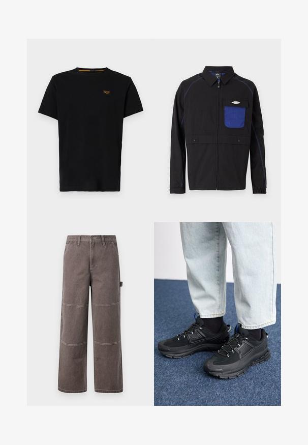 Zwarte jas met een blauwe mesh borstzak, contrasterende blauwe stiksels en drukknoopsluitingen. Ontworpen met een rits aan de voorkant en lange mouwen.; Zwarte katoenen T-shirt met korte mouwen, ronde hals en een klein merkpatch in contrasterend geel op de linkerborst.; Wijd been broek in een vervaagde bruine kleur, gemaakt van duurzaam materiaal met contrasterende stiksels. Kenmerkt paneeldetails en een zijzak.; Zwarte sportschoenen met gestructureerde stof en rubberen zolen, met elastische veters en een blauwe accent op de hiel. Draag samen met lichte spijkerbroeken.