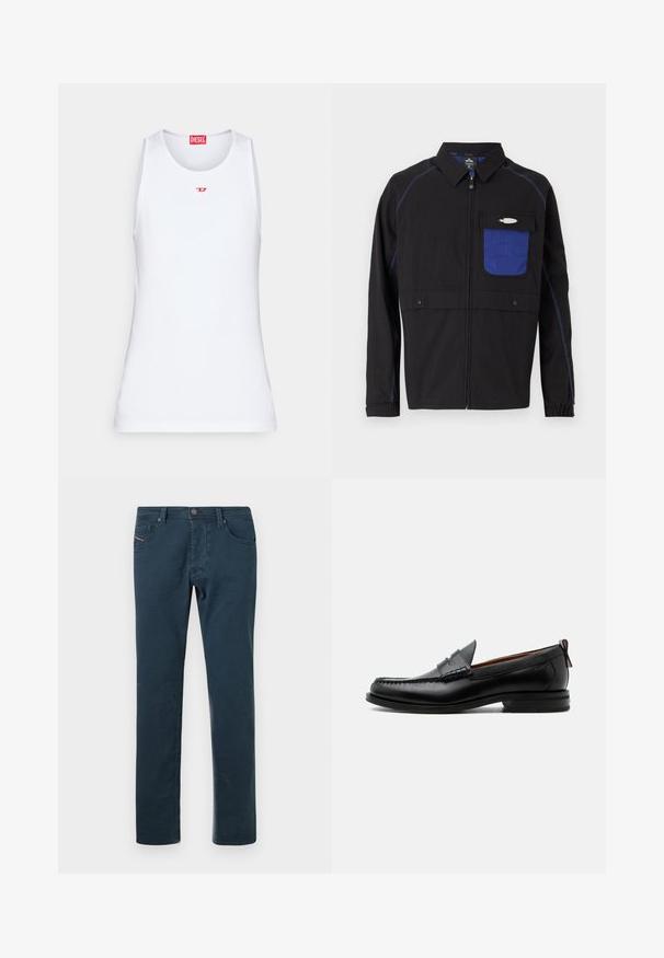 Zwarte jas met een blauwe mesh borstzak, contrasterende blauwe stiksels en drukknoopsluitingen. Ontworpen met een rits aan de voorkant en lange mouwen.; Witte mouwloze tanktop van gladde stof. Heeft een ronde halslijn en een klein rood "D"-logo in het midden.; Donkerblauwe slim-fit broek met een voorste knop, riemlussen en een vijf-pocket ontwerp op een effen witte achtergrond.; Zwarte leren herensloffen met moc toe stiksel, pennyriem, gestructureerde kraag en lage gestapelde hak op witte achtergrond.