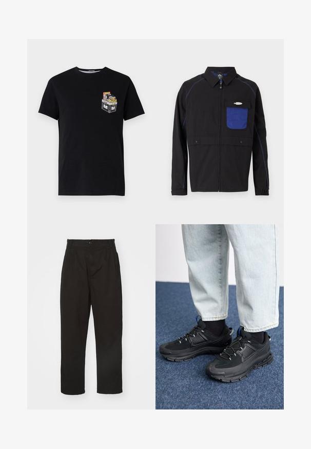 Veste noire avec une poche poitrine en mesh bleu, des coutures bleues contrastantes et des boutons-pression. Conçue avec une fermeture éclair sur le devant et des manches longues.; T-shirt en coton noir à manches courtes avec un petit graphique d'une caisse remplie d'objets colorés sur la zone gauche de la poitrine.; Pantalons noirs en tissu lisse, dotés d'une fermeture à bouton, d'une coupe droite et de deux plis à l'avant pour un détail supplémentaire.; Des chaussures de sport noires avec un tissu texturé et des semelles en caoutchouc, dotées de lacets élastiques et d'un accent bleu au talon. Portées avec un pantalon en denim clair.