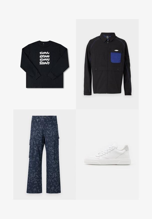 Sort jakke med en blå netlomme på brystet, kontrastfarvet blå syning og trykknapper. Designet med en frontlynlås og lange ærmer.; Sort sweatshirt med lange ærmer, der har et hvidt gentaget grafisk logo i stiliseret skrifttype på forsiden. Fremstillet af blødt stof.; Sean John SCRIPT LOGO CAMOUFLAGE - Cargobukser - blue; Hvide lædersneakers med en glat finish, rund tå, flade snørebånd og en struktureret sål. Grå ruskindsdetalje ved hælen.