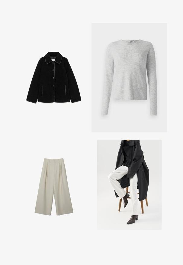 Sort fleecejakke med en blød tekstur, stor krave, fem knapper og sidelommer, kantet med en kontrasterende trim.; Grå strikket sweater med ribbet tekstur, lange ærmer og V-halsdesign. Enkel og minimalistisk fremtoning.; Beige bukser med vide ben og cropped længde, med bæltestropper, forreste læg og lynlås foran, lagt fladt på en hvid baggrund.; Sort, oversized trenchcoat over en sort top, parret med hvide bukser og brune, spidse ankelstøvler, siddende på en træstol.