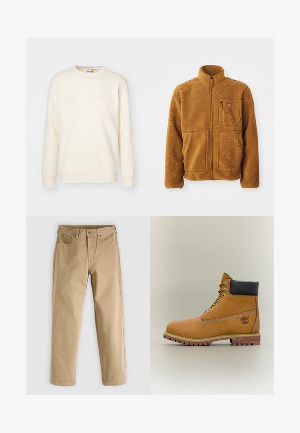 Chaqueta de forro polar en un cálido color marrón, con cremallera completa, cuello alto, dos bolsillos frontales y un bolsillo en el pecho con cierre de cremallera.; Sudadera de color crema hecha de tela suave, con un cuello redondo y un logo en relieve de "Timberland" en el frente. Mangas largas con puños acanalados.; Pantalones de algodón beige con diseño de pierna recta, estilo de cinco bolsillos, costuras sutiles y botón metálico en la parte delantera.; Bota de tobillo de cuero marrón con cuello negro, cordones amarillos y suela beige. Presenta un logotipo y detalles de costura blanca. Suela exterior con tracción robusta.