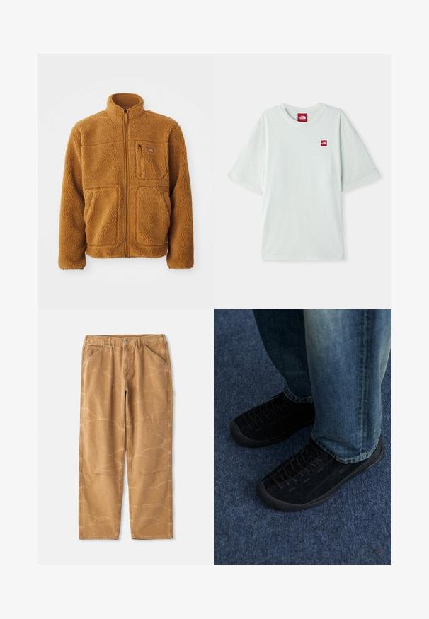 Chaqueta de forro polar en un cálido color marrón, con cremallera completa, cuello alto, dos bolsillos frontales y un bolsillo en el pecho con cierre de cremallera.; Camiseta de manga corta verde claro hecha de algodón suave, con una pequeña etiqueta de logo rojo en el área del pecho izquierdo. Corte relajado y escote redondo.; Pantalones de algodón color beige con un corte holgado, que presentan costuras visibles, detalles de parches y una textura ligeramente arrugada.; Zapatillas de ante negro con superficie texturizada, cordones sutiles y suelas de goma duraderas, combinadas con jeans de denim azul.