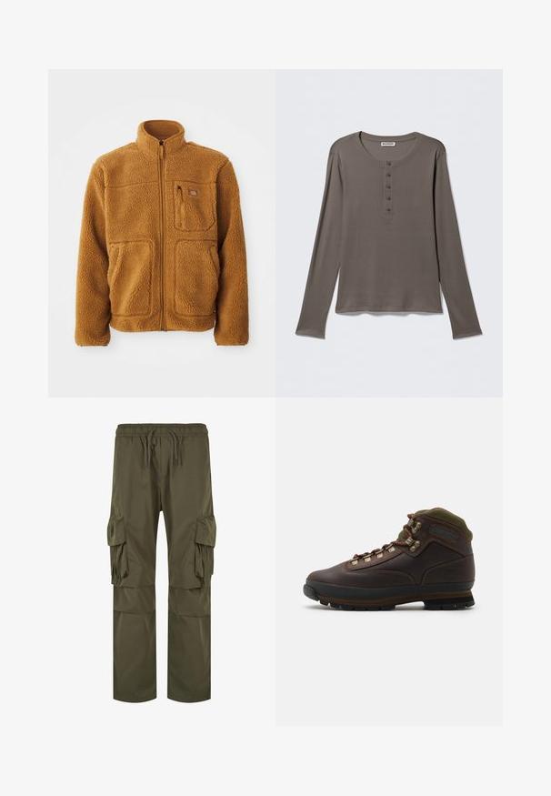Chaqueta de forro polar en un cálido color marrón, con cremallera completa, cuello alto, dos bolsillos frontales y un bolsillo en el pecho con cierre de cremallera.; Camiseta henley gris de manga larga con cinco botones y cuello redondo, presentada sobre un fondo blanco liso.; Pantalones cargo en verde oliva, que cuentan con una cintura elástica con cordón, múltiples bolsillos laterales y un corte holgado con detalles plisados.; Bota de senderismo de piel marrón con cuello de tela verde. Presenta ganchos metálicos para los cordones, suela de goma y un diseño texturizado en la suela para mayor tracción.
