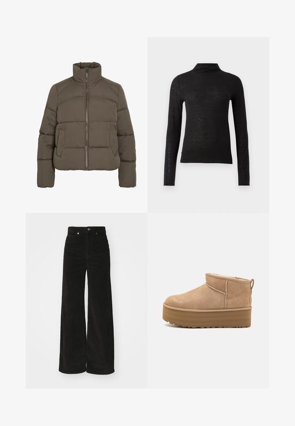 Gewatteerd jack in donkerolijfgroen, voorzien van een hoge kraag, een ritssluiting aan de voorkant en twee zijzakken; overal een doorgestikte textuur.; Zwarte lange mouwen turtleneck top gemaakt van een gestructureerd materiaal, met een slim fit en minimalistisch ontwerp zonder zichtbare patronen of hardware.; Zwarte corduroy wijde broek met een hoge taille, voorzien van twee voorkruimels en een metalen knoopsluiting. Textiel met verticale ribbels.; Beige suède enkellaarsjes met een pluche binnenvoering, voorzien van een plateauzool en een trekhaak aan de achterkant voor gemakkelijk aantrekken. Gemêleerde rubberen zool.