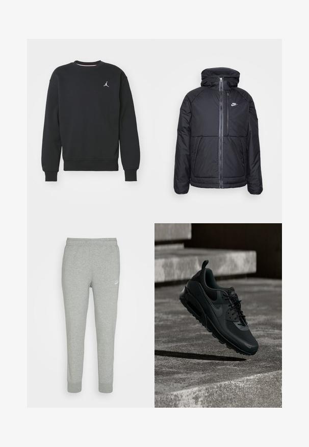 Zwarte gewatteerde jas met capuchon, voorzien van een volledige rits aan de voorkant, elastische manchetten en een Nike-logo aan de bovenkant aan de linkerkant. Soepele textuur.; Zwarte sweatshirt gemaakt van een katoenmix, voorzien van een ronde hals, geribde manchetten en het Jordan-logo geborduurd op de borst.; Grijze trainingsbroek van zacht materiaal, met een taps toelopend ontwerp, elastische tailleband en klein wit Nike-logo op de linker bovenbeen.; Zwarte Nike Air Max sneaker zwevend in de lucht boven een getextureerde betonnen ondergrond met betonnen traptreden op de achtergrond.