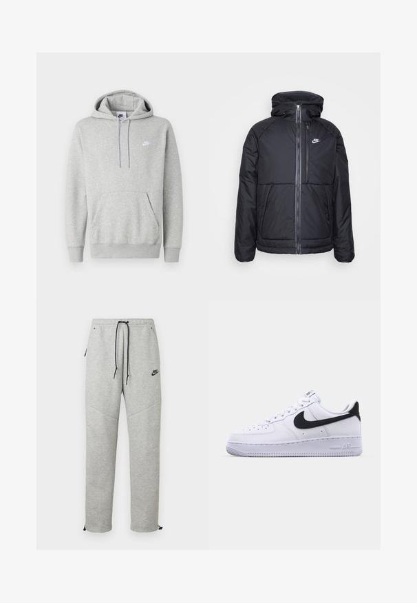Chaqueta acolchada negra con capucha, que cuenta con una cremallera frontal completa, puños elásticos y el logo de Nike en la parte superior izquierda. Textura suave.; Sudadera con capucha de color gris claro hecha de tela suave, con un bolsillo tipo canguro, capucha con cordón y un pequeño logo blanco en el pecho.; Pantalones de chándal Nike grises con cintura ajustable por cordón, bolsillos laterales y puños elásticos. Presentan una textura suave y un detalle del logo negro en contraste.; Zapatilla blanca de cuero con un Swoosh negro texturizado, cordones planos y una suela de goma con un patrón estriado. "AIR" está grabado en el talón.