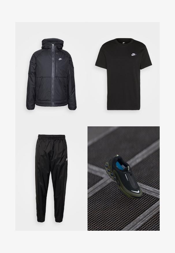 Sort puffjakke med hætte, der har en fuld frontlynlås, elastiske manchetter, og et Nike-logo på den øverste venstre side. Glat tekstur.; Sort bomuld T-shirt med korte ærmer, rund hals og et lille hvidt Nike-logo på den øverste venstre bryst. Glat tekstur. Klassisk pasform.; Sorte træningsbukser lavet af let, skinnende materiale med elastisk talje, tætsiddende pasform og med lynlåslommer. Har et logo som accent.; Sort og oliven Nike Air Max sko med en glat overflade, lynlåslukning og karakteristiske luftdæmpningspuder i sålen. Blå indersål synlig.