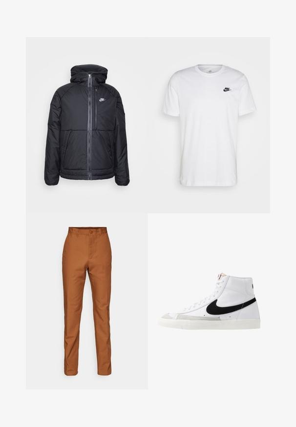 Čierna zateplená bunda s kapucňou, so zipsom po celej prednej strane, elastickými manžetami a logom Nike na hornej ľavej strane. Hladká textúra.; Biela bavlnená tričko s okrúhlym výstrihom, krátkymi rukávmi a čiernym logom Nike na ľavej hrudi. Jednoduchý, jednofarebný dizajn.; Hnedé bavlnené nohavice s rovnými nohavicami, so zapínaním na gombík a bočnými vreckami. Hladká textura s jednotnou farbou po celom obvode.; Biele vysoké tenisky s čiernym swooshom, textúrovanou šedou špičkou a plochou bielou podrážkou. Obsahujú šesť dierok na šnúrky a prešívané akcenty.