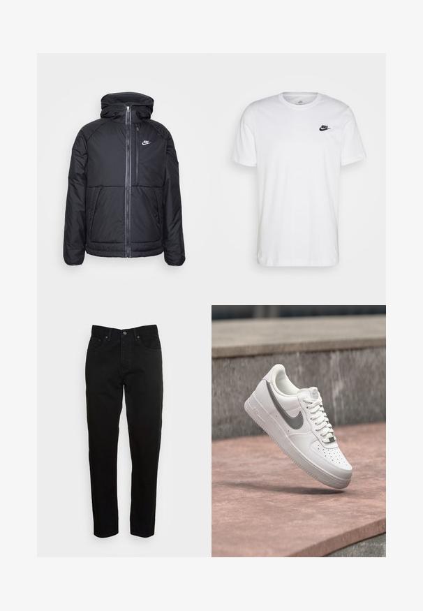 Čierna zateplená bunda s kapucňou, so zipsom po celej prednej strane, elastickými manžetami a logom Nike na hornej ľavej strane. Hladká textúra.; Biela bavlnená tričko s okrúhlym výstrihom, krátkymi rukávmi a čiernym logom Nike na ľavej hrudi. Jednoduchý, jednofarebný dizajn.; Čierne slim-fit džínsy s predným zapínaním na gombík a dizajnom s piatimi vreckami, vystavené na jednoduchej svetlosivej background.; Biela teniska Nike Air Force 1 so sivým logom swoosh, ktorá visí nad kamenným povrchom a sivou kamennou stenou v pozadí.