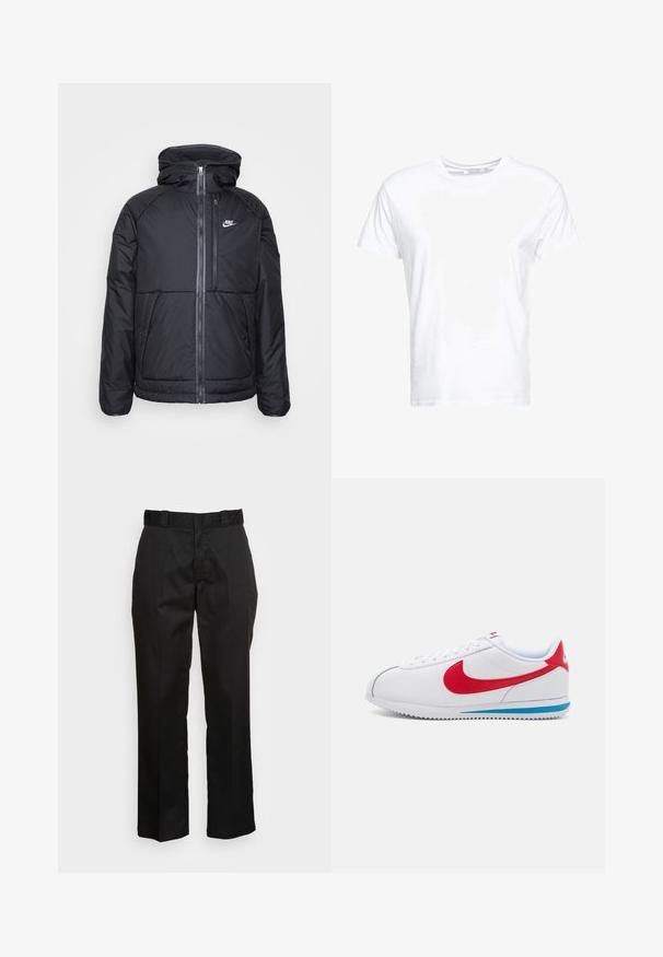 Chaqueta acolchada negra con capucha, que cuenta con una cremallera frontal completa, puños elásticos y el logo de Nike en la parte superior izquierda. Textura suave.; Camiseta de algodón blanca con cuello redondo y mangas cortas, con un corte clásico y una textura suave. Sin patrones ni elementos metálicos visibles.; Pantalones negros hechos de una tela suave, con un diseño de pierna recta, trabillas para cinturón y dos bolsillos laterales. Un aspecto clásico sin adornos.; Zapatilla blanca con acentos rojos, con una parte superior de cuero suave, punta redonda y una suela azul. Diseño con cordones y detalles de costura visibles.