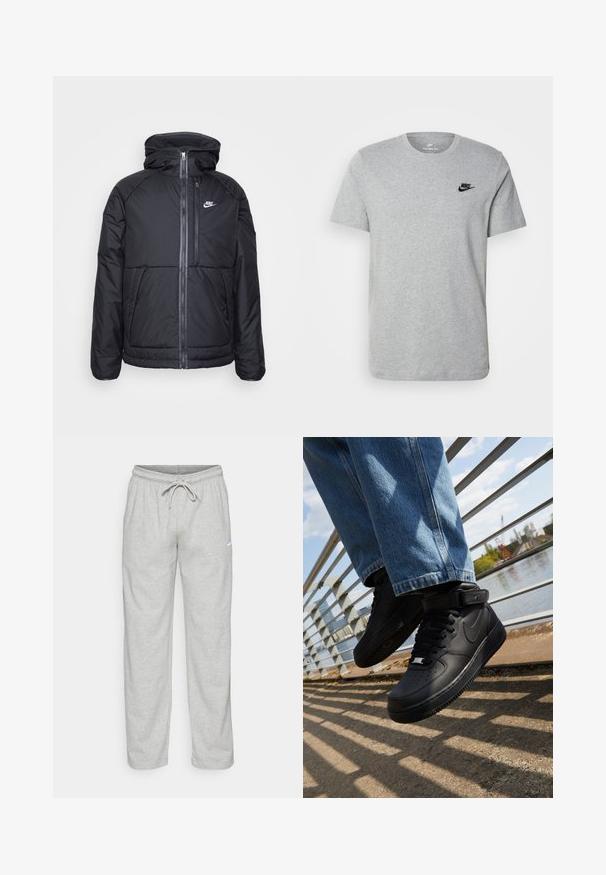 Zwarte gewatteerde jas met capuchon, voorzien van een volledige rits aan de voorkant, elastische manchetten en een Nike-logo aan de bovenkant aan de linkerkant. Soepele textuur.; Grijze T-shirt met korte mouwen van katoen, voorzien van een zwart Nike-logo op de borst en een ronde halslijn. Minimalistisch ontwerp zonder patronen.; Lichtgrijze sweatpants van zachte stof. Heeft een elastische tailleband met trekkoord en een zwart Nike-logo op de linker bovenbeen.; Zwarte Nike Air Force 1 sneakers met leren bovenkant, mesh tong en rubberen zool, met een high-top ontwerp en dikke veters.