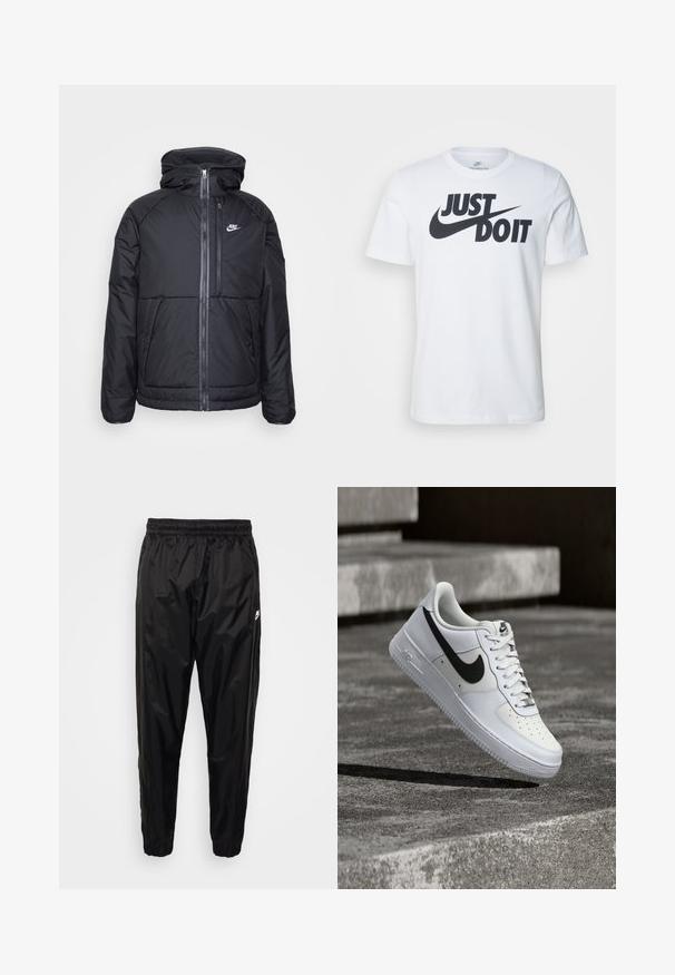Čierna zateplená bunda s kapucňou, so zipsom po celej prednej strane, elastickými manžetami a logom Nike na hornej ľavej strane. Hladká textúra.; Biely bavlnený tričko s výrazným čiernym logom "Just Do It" a Nike swoosh. Klasický strih s okrúhlym výstrihom a krátkymi rukávmi.; Čierne tréningové nohavice vyrobené z ľahkého, lesklého materiálu s elastickým pásom, zúženým strihom a zipsovými vreckami. Obsahujú logo ako akcent.; Biela teniska Nike Air Force 1 s čiernym logom swoosh, zaviazanými šnúrkami, umiestnená vo vzduchu nad textúrovaným betónovým povrchom vonku.