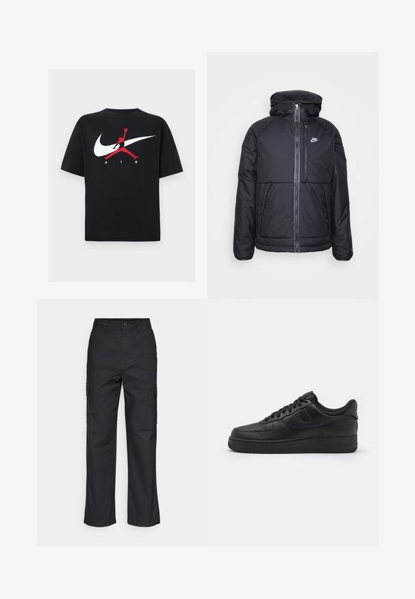 Doudoune noire avec une capuche, dotée d'une fermeture éclair sur le devant, de poignets élastiques et d'un logo Nike sur le côté supérieur gauche. Texture lisse.; T-shirt en coton noir à col rond, avec un grand logo Nike swoosh blanc et un logo Jumpman rouge accompagné du texte "AIR" en blanc.; Pantalons cargo noirs avec une coupe droite, dotés de poches latérales et d'un tissu texturé. Fermeture par bouton à la taille pour un maintien sécurisé.; Nike Sportswear AIR FORCE 1 07 FLYEASE - Baskets basses - black
