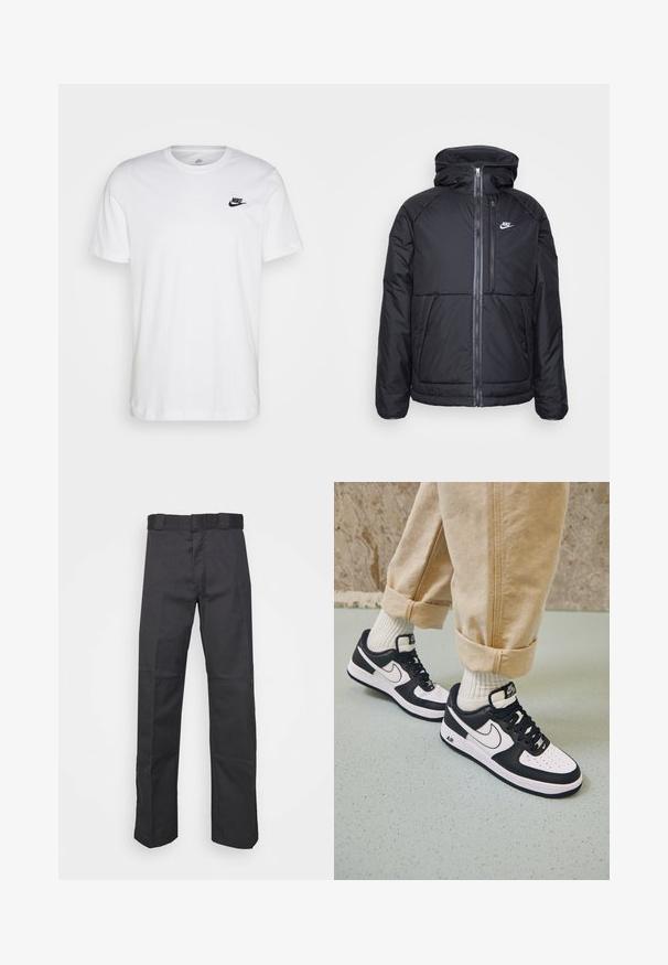 Sort puffjakke med hætte, der har en fuld frontlynlås, elastiske manchetter, og et Nike-logo på den øverste venstre side. Glat tekstur.; Hvid bomulds T-shirt med rund hals, korte ærmer og et sort Nike-logo på venstre bryst. Enkel, ensfarvet design.; Sorte bukser lavet af holdbart stof, med et lige ben-design, en talje med bæltesløjfer og sømme for ekstra struktur.; Sorte og hvide Nike Air Force 1 sneakers med læderoverdel, perforeret tå og tekstureret såldetalje, båret med rullede beige bukser og hvide sokker.