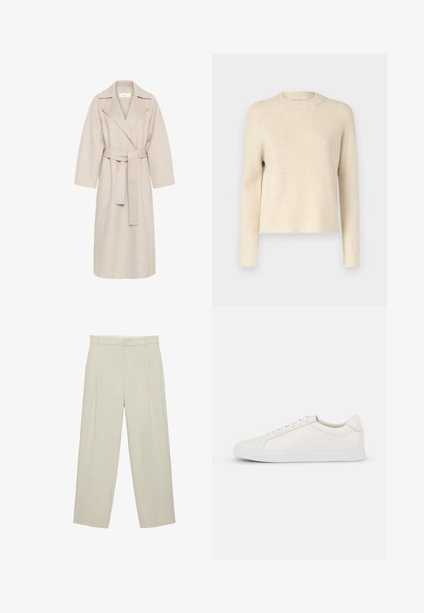 Manteau en mélange de laine beige avec un col à revers, une taille ceinturée et des manches larges. Il présente un design épuré et une longueur mi-mollet. Surface texturée.; Pull en tricot côtelé couleur crème avec un col rond, des manches longues et une coupe droite. Texture douce avec des variations tonales subtiles.; Pantalon beige taille haute cintré avec poches latérales, passants de ceinture et fermeture éclair devant, coupe droite.; Baskets en cuir blanc avec une texture lisse, bout arrondi, devant à lacets et semelle plate en caoutchouc. Design simple sans motifs ni accents.