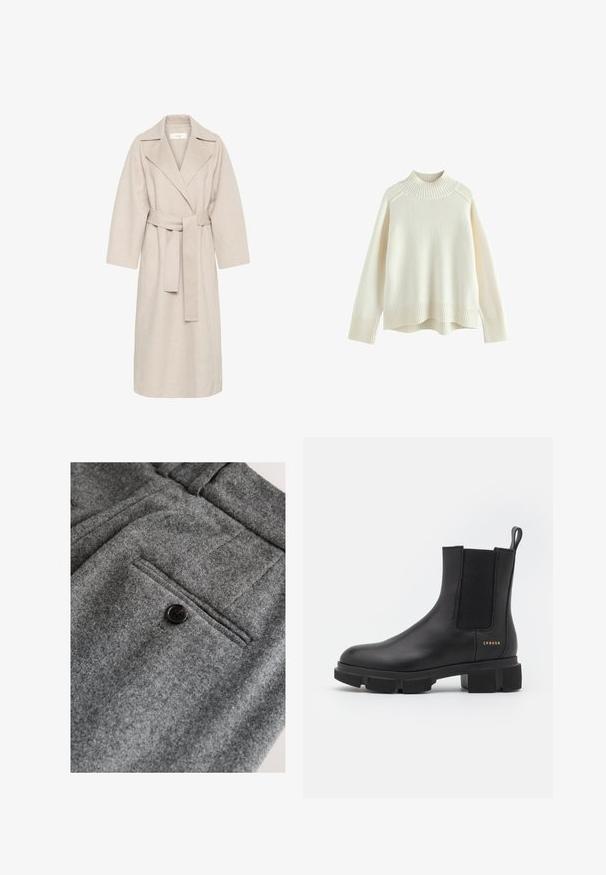 Beige uldblandakot med en klippet krave, bælte i taljen og brede ærmer. Har et rent design og mellemlangt skjorte. Tekstureret overflade.; Cremefarvet sweater med ribbet høj hals, lange ærmer og en afslappet pasform. Struktureret strikstof og ribbestykke detalje i bunden.; Grå uldbukser med flad front, en enkelt baglomme med en sort knap og en blød, tekstureret finish.; Sorte læder ankelstøvle med elastiske sidepaneler og en kraftig mønstret sål. Har en pull tab og guld branddetalje. Mat finish.