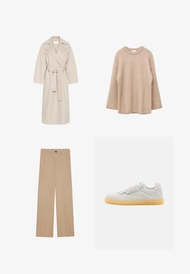 Manteau en mélange de laine beige avec un col à revers, une taille ceinturée et des manches larges. Il présente un design épuré et une longueur mi-mollet. Surface texturée.; Pull beige à manches longues avec col rond, texture douce et duveteuse, coupe décontractée, présenté sur un fond blanc.; Pantalons larges beiges avec une texture lisse, dotés de deux poches latérales, d'une fermeture à bouton à l'avant et de plis subtils pour plus de détails.; Basket blanche en cuir avec des accents perforés, bout rond et semelle en caoutchouc crème. Présente des coutures ton sur ton et un design minimaliste.