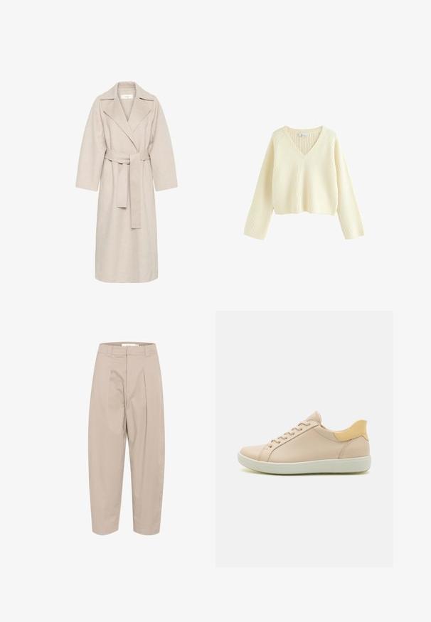Beige uldblandakot med en klippet krave, bælte i taljen og brede ærmer. Har et rent design og mellemlangt skjorte. Tekstureret overflade.; Cremefarvet, cropped sweater med ribbet tekstur, V-hals og lange ærmer. Har en afslappet pasform og et enkelt design.; Beige, bomuldsblandede bukser med en løs pasform, der har for-pleats, en talje og cropped ankler. Enkel design, ingen mønstre eller accenter.; Beige lædersneaker med en hvid gummisål, subtile syninger og en kontrasterende gul hælflap. Snørebåndene er centralt placeret.