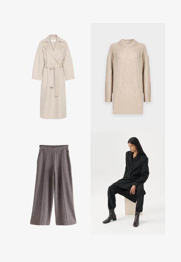 Beige Wollmischungsmantel mit Reverskragen, tailliertem Bund und weiten Ärmeln. Verfügt über ein schlichtes Design und einen mittellangen Saum. Texturierte Oberfläche.; Beige gestrickter Pullover mit V-Ausschnitt, langen Ärmeln und gerippter Textur. Lockere Passform mit geradem Schnitt, betont einen gemütlichen Stil und Komfort.; Graue Hose mit weitem Bein aus weichem Stoff, mit flachem Bund, Vorderfalten und Seitentaschen. Schlichtes und vielseitiges Design.; Frau mit langen dunklen Haaren sitzt, trägt einen lockeren schwarzen Blazer, passende weite Hosen und dunkle Stiefeletten vor einem schlichten weißen Hintergrund.
