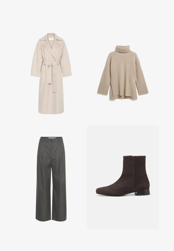 Beige uldblandakot med en klippet krave, bælte i taljen og brede ærmer. Har et rent design og mellemlangt skjorte. Tekstureret overflade.; Beige rillede turtleneck sweater med en afslappet pasform, der har lange ærmer og en sideslidskant, lavet af et blødt, tekstureret strikstof.; Grå brede bukser lavet af struktureret stof, med høj talje og frontfolder, uden synlige lommer eller hardware detaljer.; Mørkebrun ruskind ankelstøvle med lav blokhæl og sidelås, slank rundet tå, på ensartet lys baggrund.