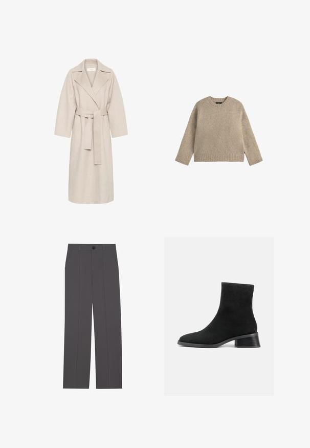 Beige uldblandakot med en klippet krave, bælte i taljen og brede ærmer. Har et rent design og mellemlangt skjorte. Tekstureret overflade.; Lys beige strikket sweater med rund halsudskæring, lange ærmer samt ribbede manchetter og kant. Blød tekstur, afslappet pasform, minimalistisk design.; Grå bukser med lige ben design, der har to side lommer og en knaplukning. Glat stof uden synlige mønstre eller detaljer.; Sort ruskind ankelstøvle med rund tå, kort skaft og lav stablet hæl. Glat tekstur uden synlige mønstre eller pynt.