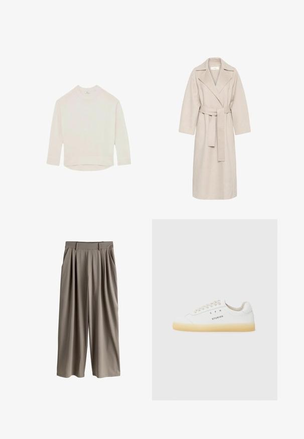 Beige uldblandakot med en klippet krave, bælte i taljen og brede ærmer. Har et rent design og mellemlangt skjorte. Tekstureret overflade.; Cremefarvet strikket sweater med lange ærmer og ribbede manchetter, krave og kant, som er lidt længere bagtil.; Beige bukser med vide ben, læg, bæltestropper og sidelommer, designet til en afslappet pasform.; Hvide sneakers fremstillet af læder med en rund tå, beige snørebånd og en gennemsigtig gummisål; har "CPH STUDIOS" logoet på siden.