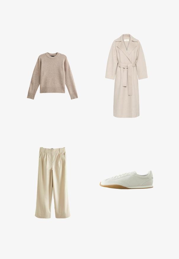 Manteau en mélange de laine beige avec un col à revers, une taille ceinturée et des manches larges. Il présente un design épuré et une longueur mi-mollet. Surface texturée.; Pull en tricot beige avec un col rond, des poignets et un ourlet côtelés. La texture du tissu est douce avec un motif subtil. Conception à coupe décontractée.; Next SMART WIDE LEG - Pantalon classique - stone; Baskets basses blanches avec semelle en caoutchouc marron, détails de couture, fermeture à lacets à l'avant et logo brodé sur le côté.
