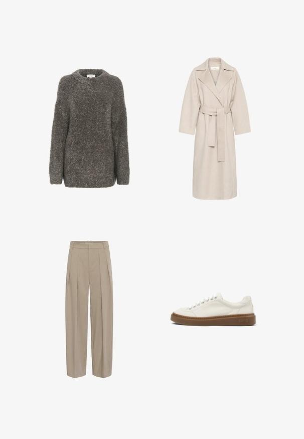 Beige uldblandakot med en klippet krave, bælte i taljen og brede ærmer. Har et rent design og mellemlangt skjorte. Tekstureret overflade.; Grå, tekstureret sweater med rund halsudskæring, lange ærmer og løs pasform. Lavet af et blødt, fnugget materiale, der har et enkelt design.; Beige højtaljede bukser med vide ben, forstærkede med frontfolder og bæltestropper, skræddersyet med skjult lukning foran.; Hvid lavtop-sneaker med hvide snørebånd og tyk brun sål, syningsdetaljer og "Camper"-logo på siden af sålen.