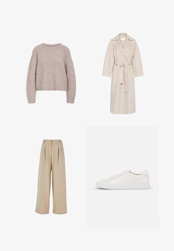 Beige villasegust coat, millel on sälgkurg, vöökohaga ja laiad varrukad. Omab puhtat disaini ja keskmise pikkusega äärt. Tekstuuritud pind.; Kerge beežist lõngast kootud sviiter, millel on vabalt langev siluett, ümmargune kaelus ja pikad varrukad. Tekstuuriga, pehme materjal, millel on hubane välimus.; Bežid laiad püksid volditud eesmise osaga, nööbikinnitusega ja siledast tekstuurist. Omavad vormitud vööd ja küljetaskuid.; Valge nahast tennis, millel on sile tekstuur, ümar varvas, nööridega esiosa ja lame kummitald. Lihtne disain, ilma mustrite ja aksessuaarideta.