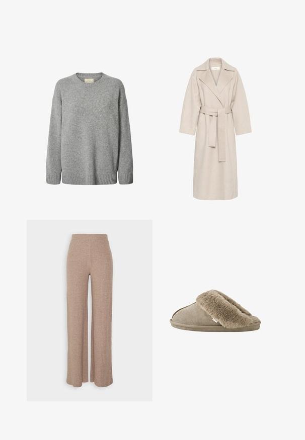 Abrigo de mezcla de lana beige con cuello de muesca, cintura ceñida y mangas anchas. Presenta un diseño limpio y un dobladillo de longitud media. Superficie texturizada.; Suéter gris de punto con cuello redondo, hombros caídos y bajo acanalado. Textura suave con un patrón uniforme y sin elementos visibles.; Pantalones de pierna ancha de canalé en color beige con una cinturilla alta y textura suave, que presentan un corte holgado y sin cierres visibles.; Zapatilla beige sin talón con forro interior de suave piel sintética alrededor de la abertura y suela exterior con apariencia de ante.