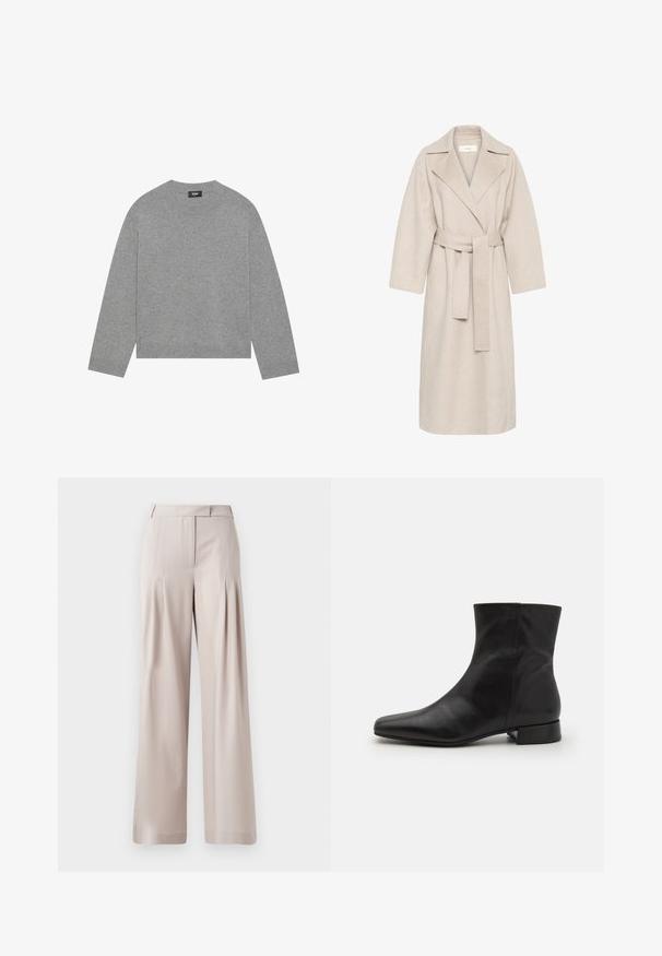 Beige uldblandakot med en klippet krave, bælte i taljen og brede ærmer. Har et rent design og mellemlangt skjorte. Tekstureret overflade.; Grå strikket sweater med lange ærmer, rund halsudskæring og ribbet kant. Fremstillet af blødt materiale, har et minimalistisk design uden mønstre.; Beige vidde bukser med en glat tekstur, plisseret frontdesign og en skræddersyet talje. Velegnet til formelt eller afslappet brug.; Sort læder ankelstøvle med spids tå, glat tekstur, minimalistisk design og en lav blokhæl. Sidelukning går op til anklen.