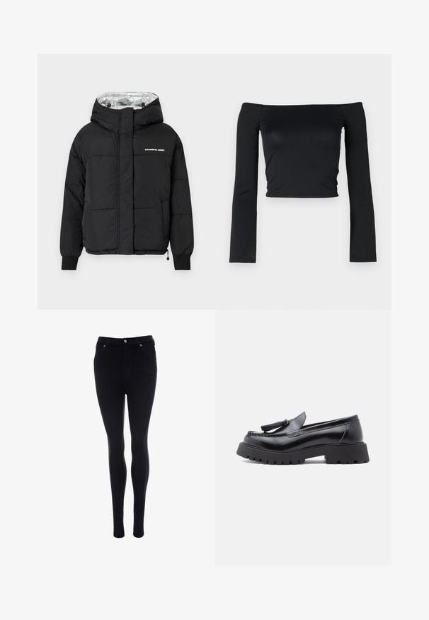 Doudoune noire avec capuche, dotée d'un intérieur argenté brillant, de manches élastiques et d'un motif à l'avant portant l'inscription "COLOURFUL REBEL."; Top noir court avec des manches longues ajustées et un décolleté off-shoulder, fabriqué en tissu doux et lisse. Design simple et ajusté au corps.; Jean skinny noir en denim avec une texture lisse. Dispose d'une fermeture à bouton et zip à l'avant, de cinq poches et d'une coupe élégante.; Mocassins en cuir noir avec une forme effilée, un détail à pampilles, et une semelle en caoutchouc épaisse présentant un motif cramponné pour une meilleure adhérence.