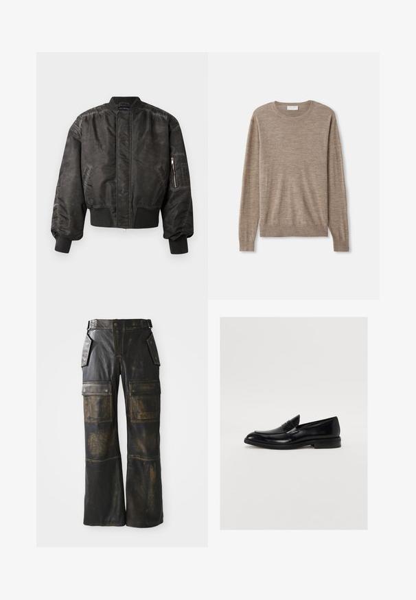 Schwarze Bomberjacke mit glatter, strukturierten Oberfläche, gerippten Bündchen und Saum, einem Reißverschlussfach am Ärmel und einem minimalistischen Design.; Beiger Pullover aus feinem Strickmaterial. Mit Rundhalsausschnitt, langen Ärmeln und gerippten Bündchen sowie Saum. Einfaches und zeitloses Design.; Schwarze Leder-Cargo-Hose mit abgenutzter Optik, großen Seitentaschen, hoher Taille und kontrastierender Naht entlang der Nähte.; Schwarze Lederloafers mit runder Zehenform, dezenten Nähten und glatter Oberfläche. Mit einem niedrigen, gestapelten Absatz und einem Riemen über dem Fußteil.