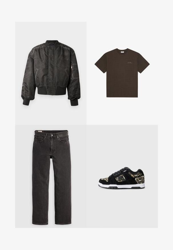 Sort bomberjakke med en glat, struktureret overflade, ribbede manchetter og kant, lynlåslomme på ærmet og et minimalistisk design.; Brun bomulds t-shirt med rund halsudskæring og korte ærmer. Den har en lille broderet logo på brystet og en glat tekstur.; Sorte denim jeans med lige ben, fem lommer og metalbeslag. Stoffet har en let struktur og en ensfarvet finish.; Sort ruskinds sneaker med camomønster på siden, hvid mellemsål og sort gummisål. Har snørebånd og logo-detalje på siden.