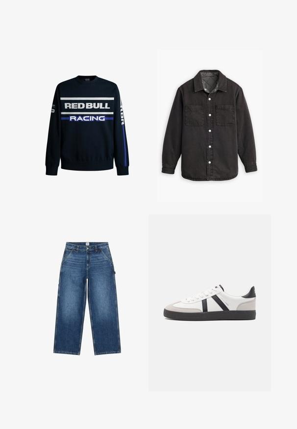 Schwarzes Jeanshemd mit kariertem Innenfutter, zwei Brusttaschen und silbernen Knopfverschlüssen. Besitzt einen klassischen Kragen und lange Ärmel.; Marineblaues Sweatshirt mit dem Text "RED BULL" und "RACING" in Weiß und Lila. Verfügt über einfarbige Ärmel und gerippte Bündchen, hergestellt aus weichem Strickmaterial.; Blaue Jeans mit weitem Bein, vorne Taschen, Gürtelschlaufen, Knopfverschluss und einem Lee-Label am Bund.; Weiße Sneaker mit schwarz- und grau-aczenten, ausgestattet mit einer strukturierten grauen Zehenkappe, schwarzer Gummi-Sohle und flachen weißen Schnürsenkeln. Sauberes Design, minimalistische Stil.