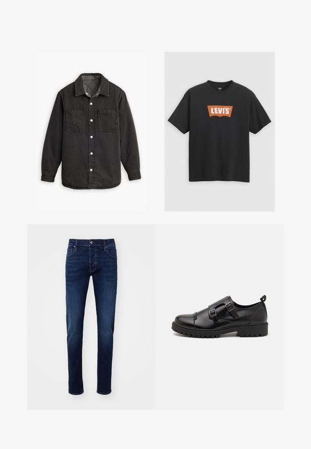 Zwarte denim shirt met een geblokte binnenvoering, twee borstzakken en zilveren knoopsluitingen. Beschikt over een klassieke kraag en lange mouwen.; Zwarte katoenen t-shirt met een groot oranje Levi's logo op de voorkant, korte mouwen en een ronde hals.; Donkerblauwe slim-fit spijkerbroek met knoop aan de voorkant, zakken, riemlussen en subtiele vervaging details op de benen.; Pier One by Zalando Zakelijke loafers - black