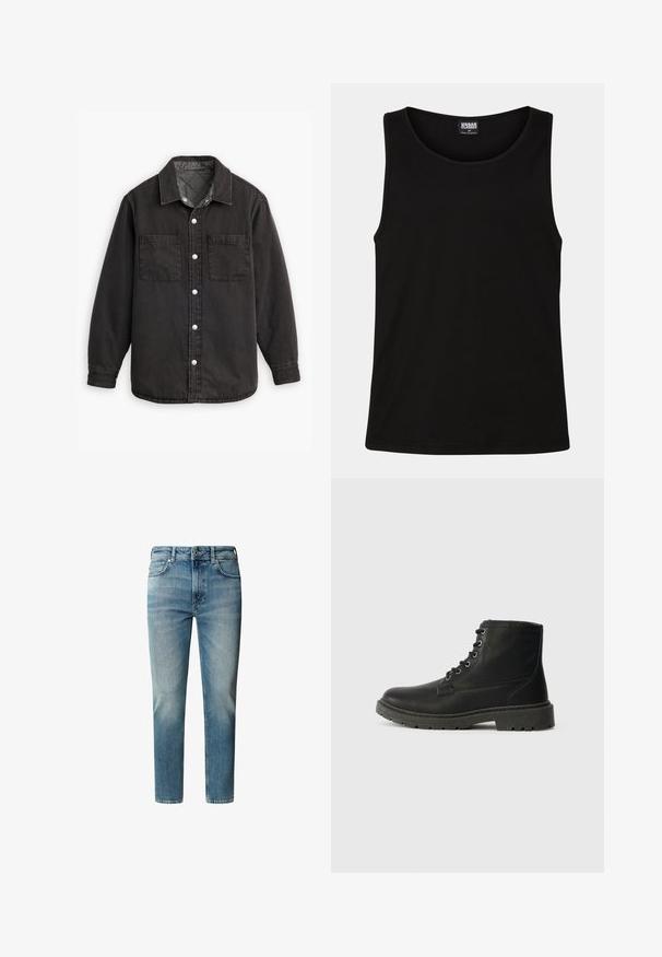 Zwarte denim shirt met een geblokte binnenvoering, twee borstzakken en zilveren knoopsluitingen. Beschikt over een klassieke kraag en lange mouwen.; Zwarte tanktop gemaakt van zachte katoenstof. Beschikt over een ronde halslijn en ruime armsgaten, zonder zichtbare patronen of accenten.; Lichtblauwe denim jeans met een rechte snit, vijf-pocket ontwerp en ritssluiting. Verbleking bij de knieën en subtiele kreukels op de dijen.; Zwarte leren enkellaars met vetersluiting, dikke rubberen zool, gestructureerde afwerking en versterkte stiksels. Bevat minimalistische branding.