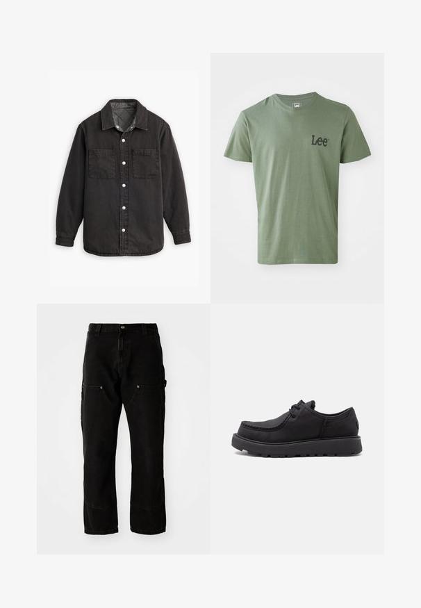 Chemise en denim noir avec doublure intérieure à carreaux, deux poches poitrine et fermetures à boutons en argent. Comprend un col classique et des manches longues.; Lee T-shirt imprimé - olive stone; Pantalons cargo en denim noir avec une coupe décontractée, comportant deux poches avant, des poches latérales et des détails de couture visibles.; Chaussure en cuir noir à lacets avec semelle épaisse en caoutchouc et détail cousu sur l'avant, montrée de côté sur fond blanc.