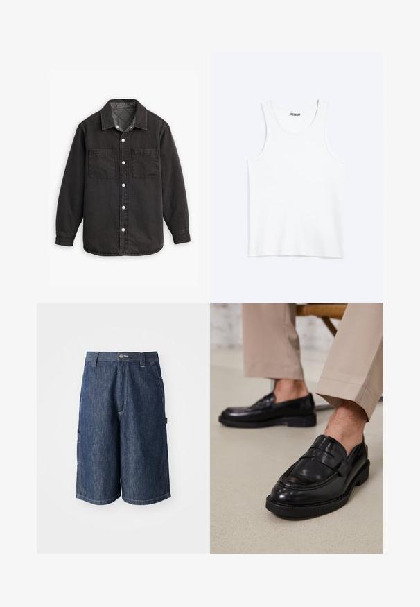 Zwarte denim shirt met een geblokte binnenvoering, twee borstzakken en zilveren knoopsluitingen. Beschikt over een klassieke kraag en lange mouwen.; Wit mouwloos hemdje met ronde hals en Weekday-merklabel aan de binnenkant van de achterkraag, plat weergegeven op een lichte achtergrond.; Donkerblauwe denimshorts met een rechte snit, vijf zakken en zichtbare stiksels. Voorzien van een knoopsluiting en riemlussen.; Zwarte leren loafers met een gladde afwerking, voorzien van een decoratieve band en contrasterende stiksels, gecombineerd met beige broeken.