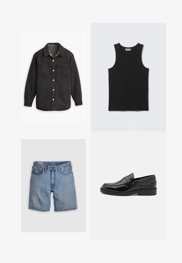 Schwarzes Jeanshemd mit kariertem Innenfutter, zwei Brusttaschen und silbernen Knopfverschlüssen. Besitzt einen klassischen Kragen und lange Ärmel.; Schwarzes ärmelloses, geripptes Tanktop mit rundem Ausschnitt und Weekday-Markenlabel auf der Innenseite des Rückkragens.; Denim-Shorts in heller Blauwäsche, mit hoher Taille, fünf Taschen und einem Reißverschluss mit Knopf. Die Nähte sind kontrastierend in Orange.; Schwarze Lederloafers mit glatter Oberfläche, abgerundetem Zehenbereich, niedrigem Absatz und dekorativer Naht entlang der Vorderseite. Gummisohle für guten Halt.