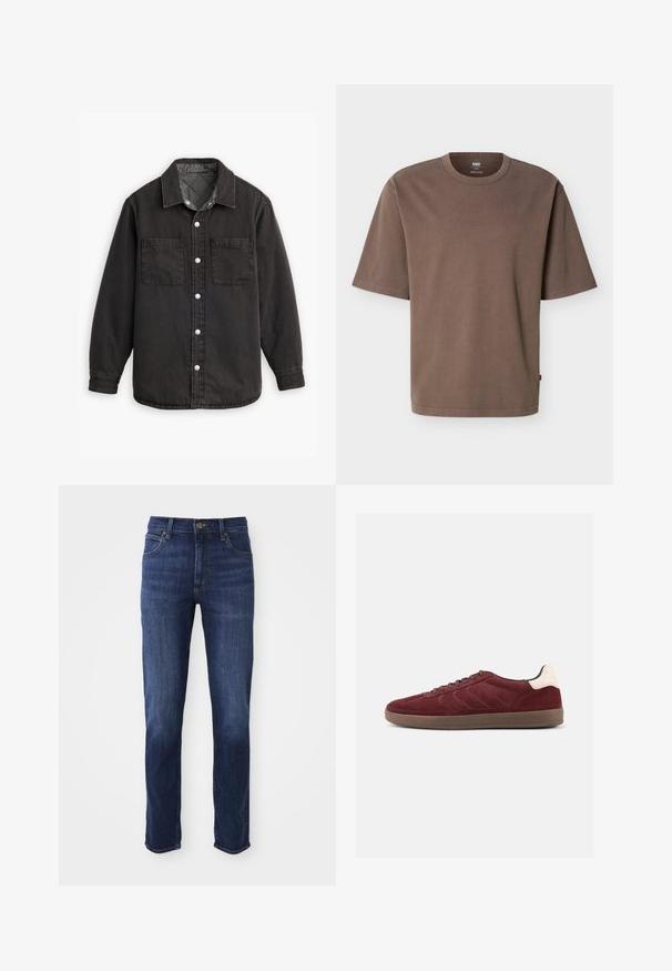Chemise en denim noir avec doublure intérieure à carreaux, deux poches poitrine et fermetures à boutons en argent. Comprend un col classique et des manches longues.; T-shirt ample en coton marron à manches courtes, col rond, avec une petite étiquette rouge Levi's sur la couture latérale.; Jean en denim bleu foncé avec une coupe droite, comprenant un design classique à cinq poches et un fermoir à bouton en métal. Détails de décoloration subtils sur le tissu.; Baskets en daim bordeaux avec fermeture à lacets, détails texturés sur les côtés et accent de talon clair. Semelle en gomme avec une finition lisse.